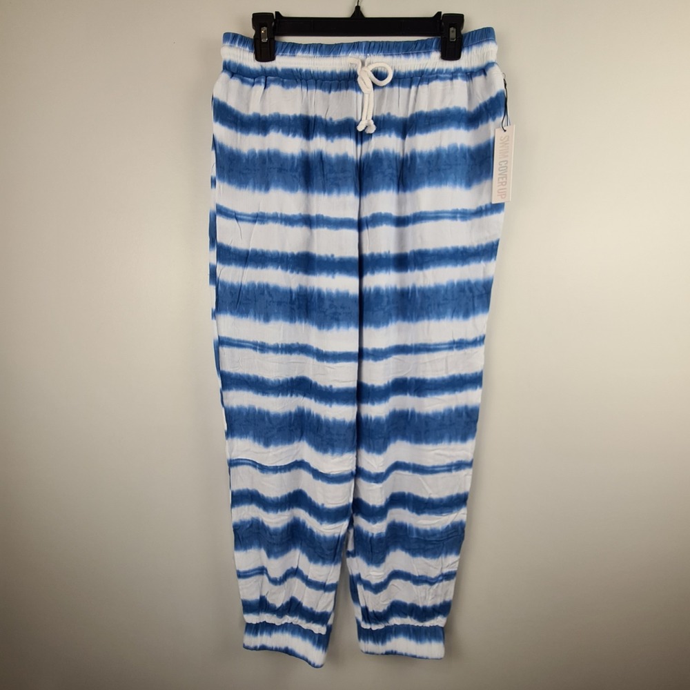 Forever 21 Women's Swimwear Cover Up Large Pants Blue Stripe Ankle Drawstring